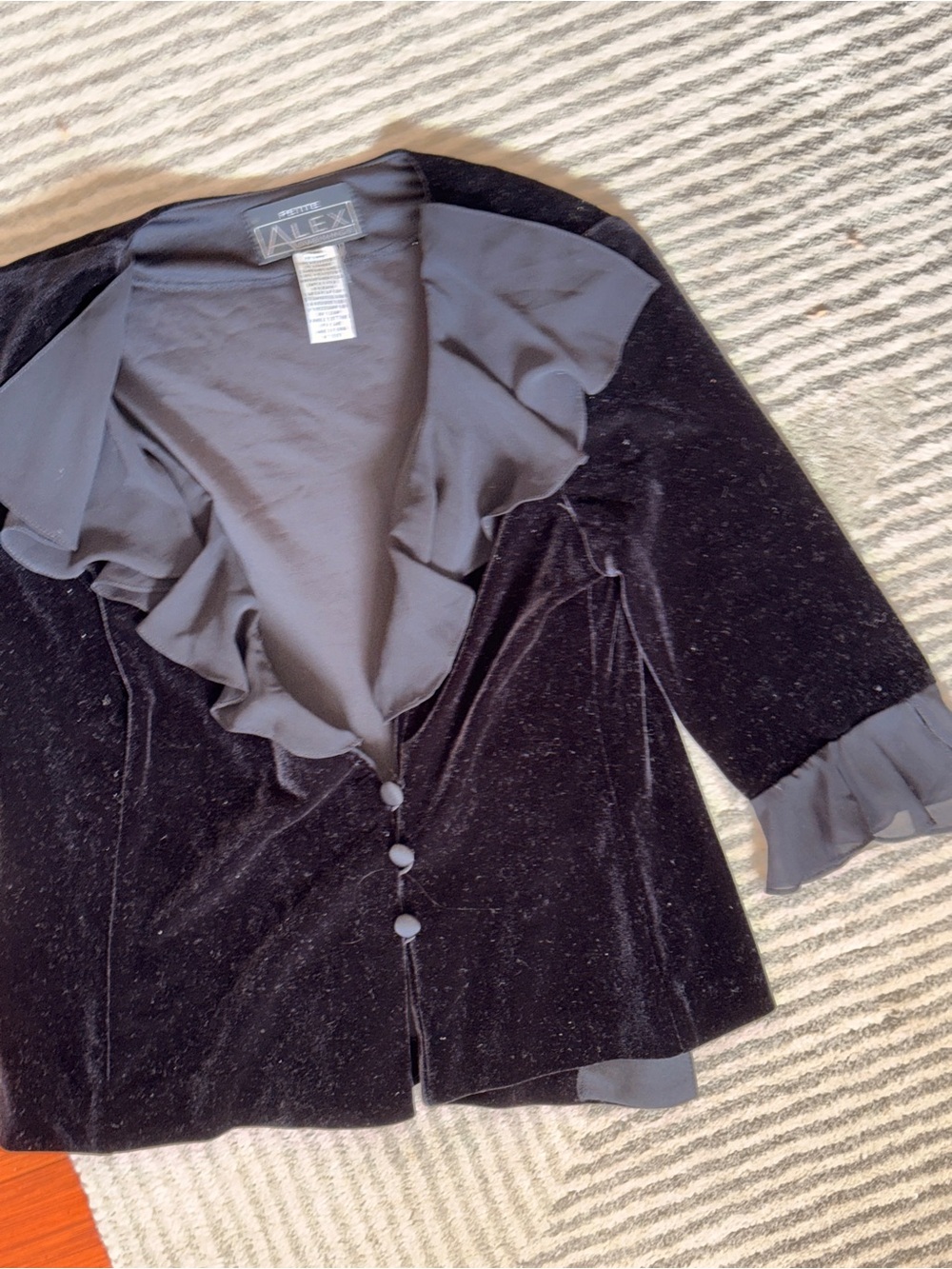 Vintage 90s Alex Evenings Black Velvet Ruffle Button Up Cardigan Top SP